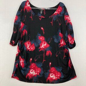 Alfani size 3X Black Red Floral Ruched Sleeve Stretch Knit Top Office Business